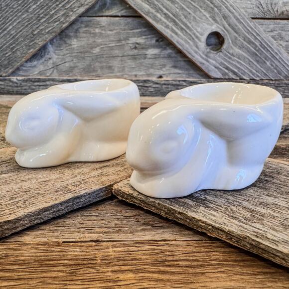 Sweetest White Ceramic Sleeping Bunny Egg Cups-Easter Egg Stands-Pair of 2 - Picture 5 of 9